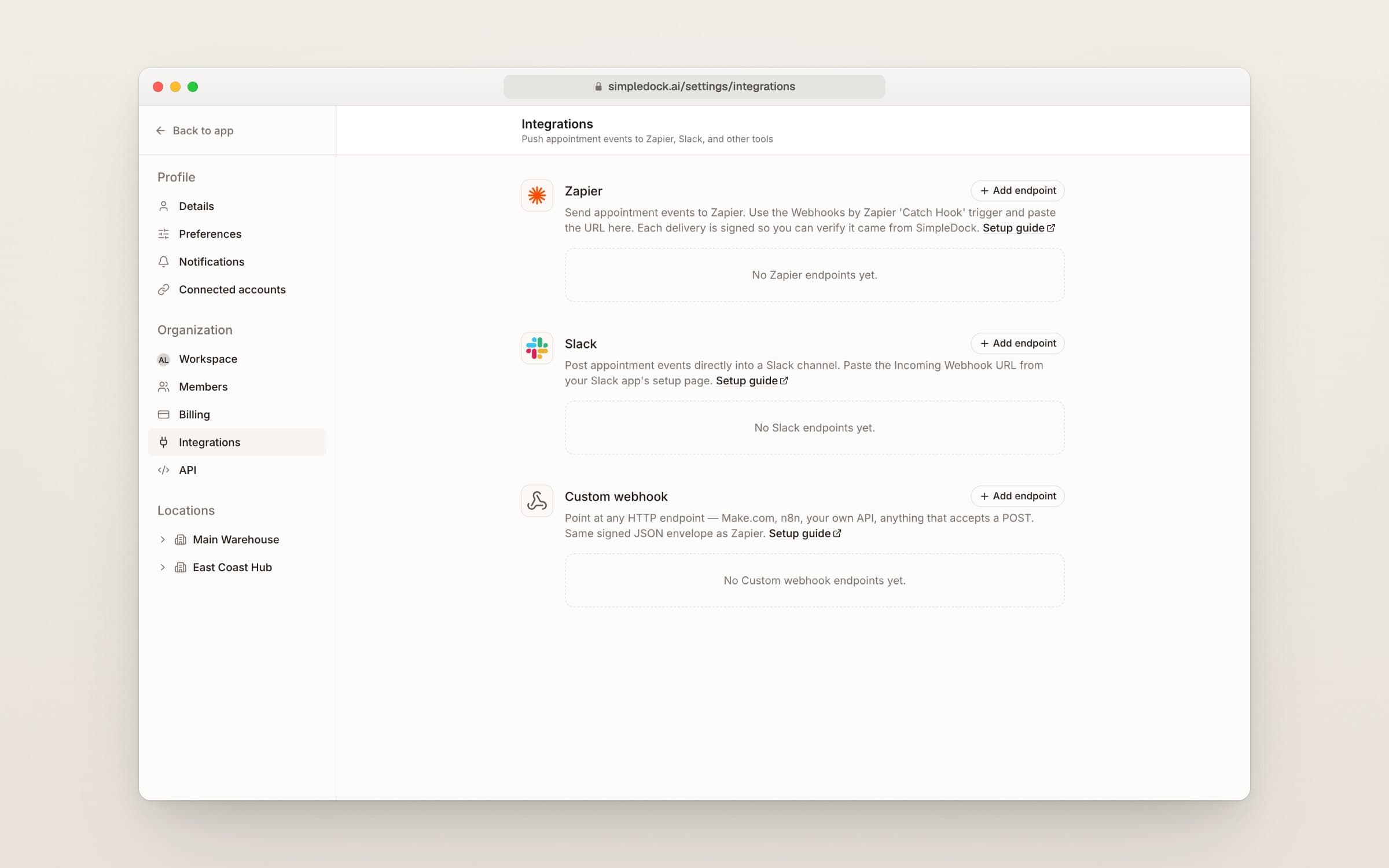 Integrations settings page with options to connect Slack, Zapier, and other tools