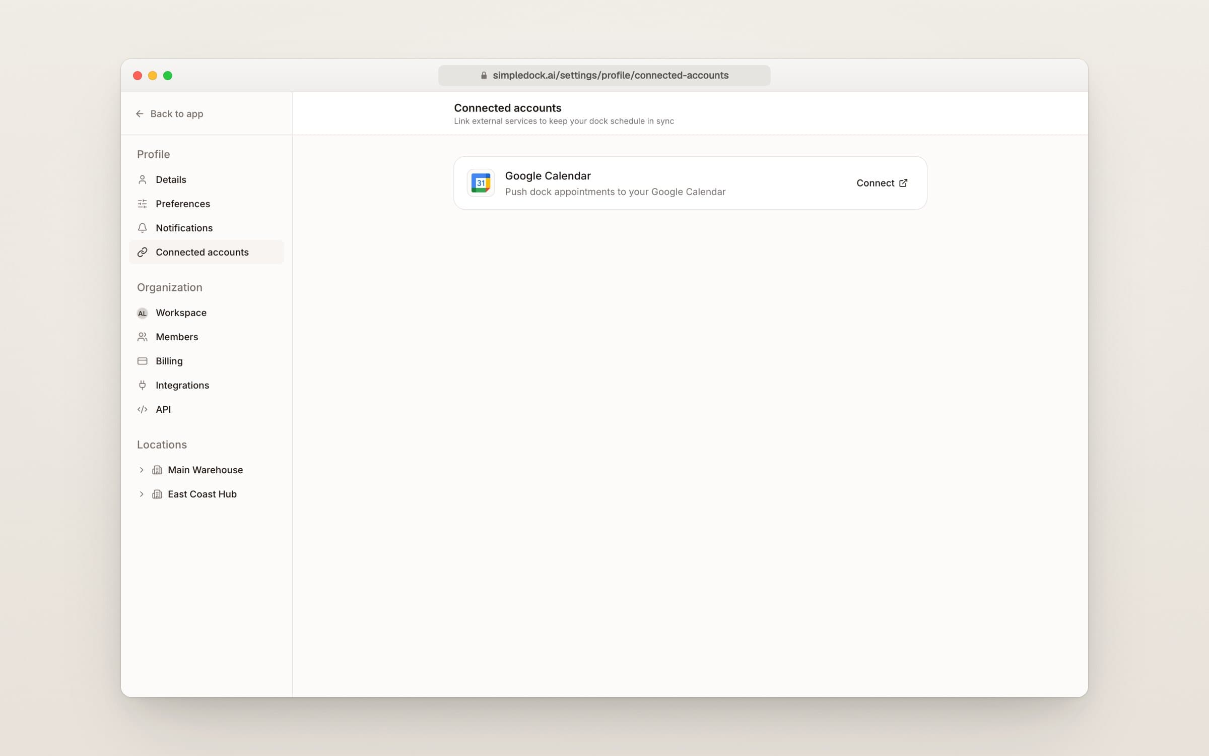 Connected accounts settings with a Google Calendar card and a Connect button
