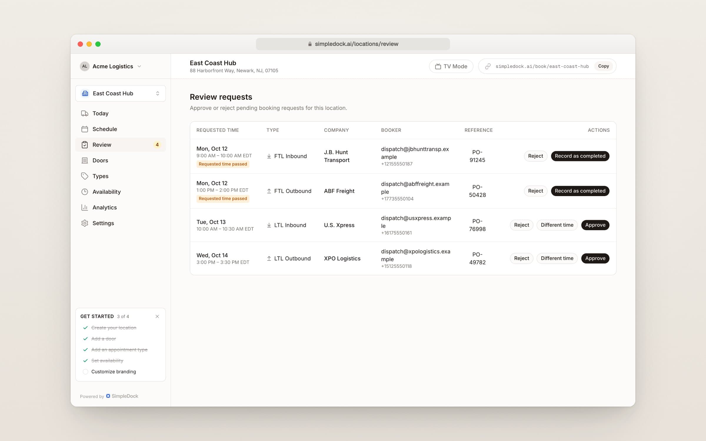 Review requests page listing pending truck bookings with Reject, Different time, and Approve buttons on each row