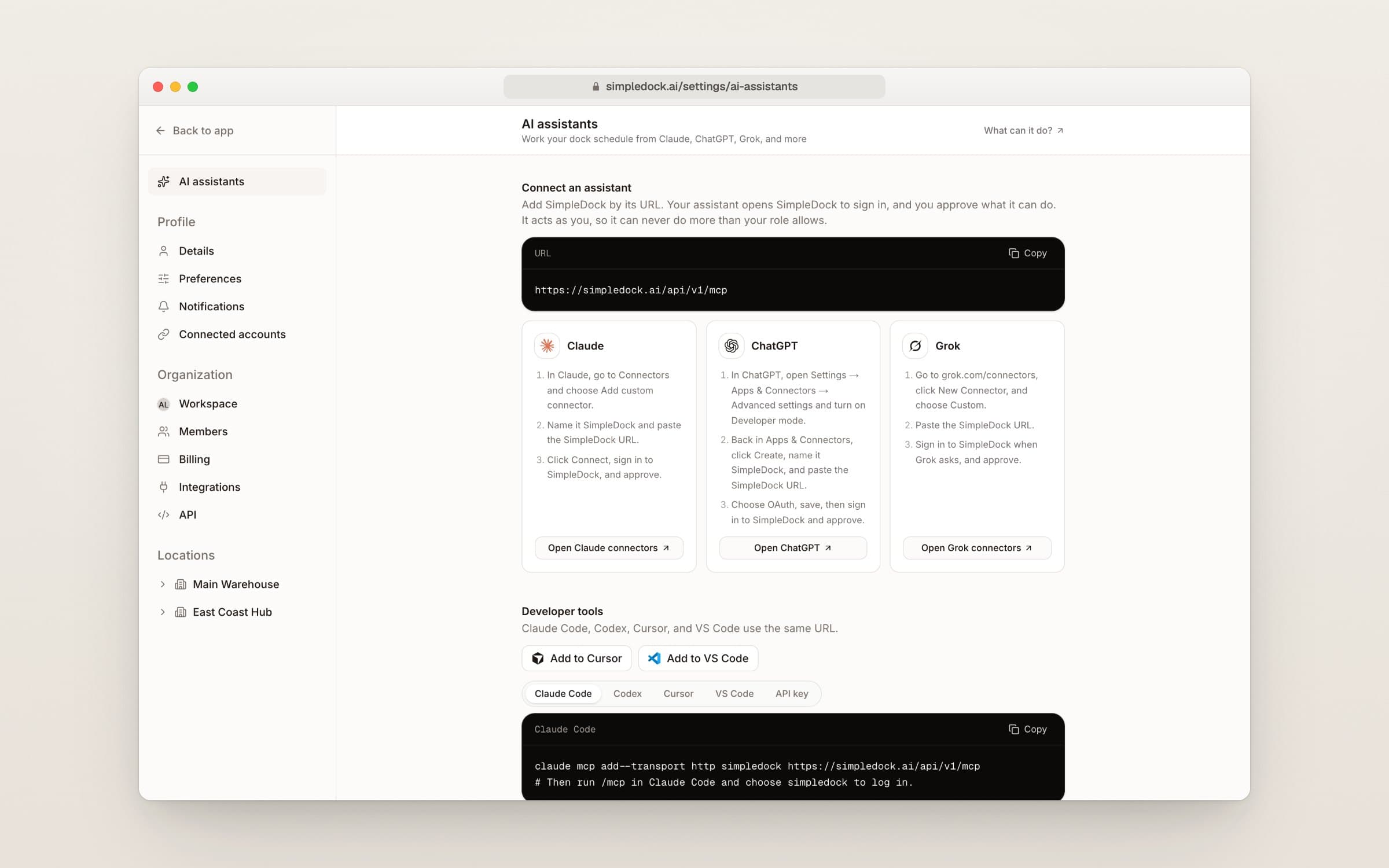 The AI assistants settings page with setup cards for Claude, ChatGPT, and Grok and a connector URL to copy