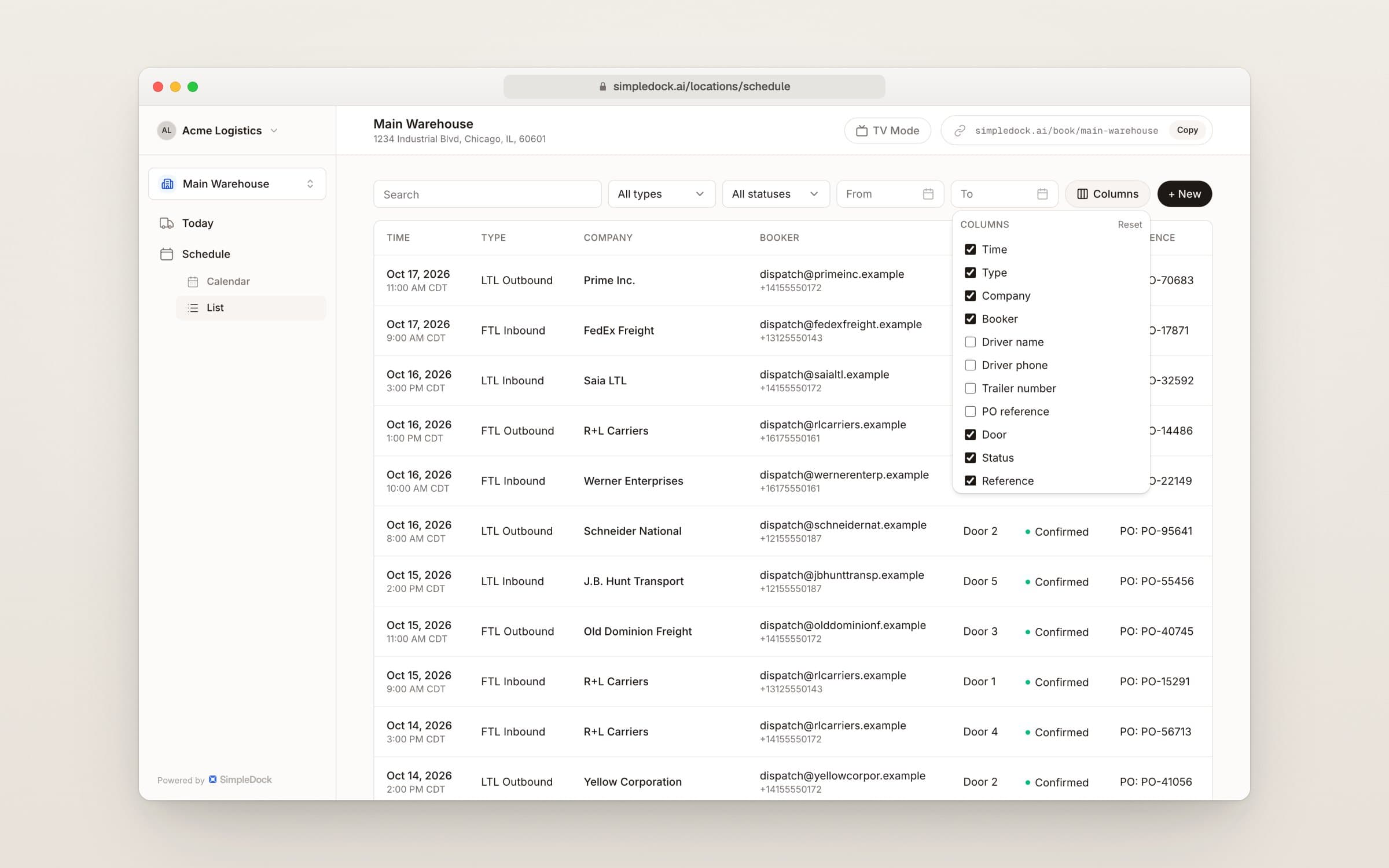 Schedule list view with a Columns button above the table of appointments