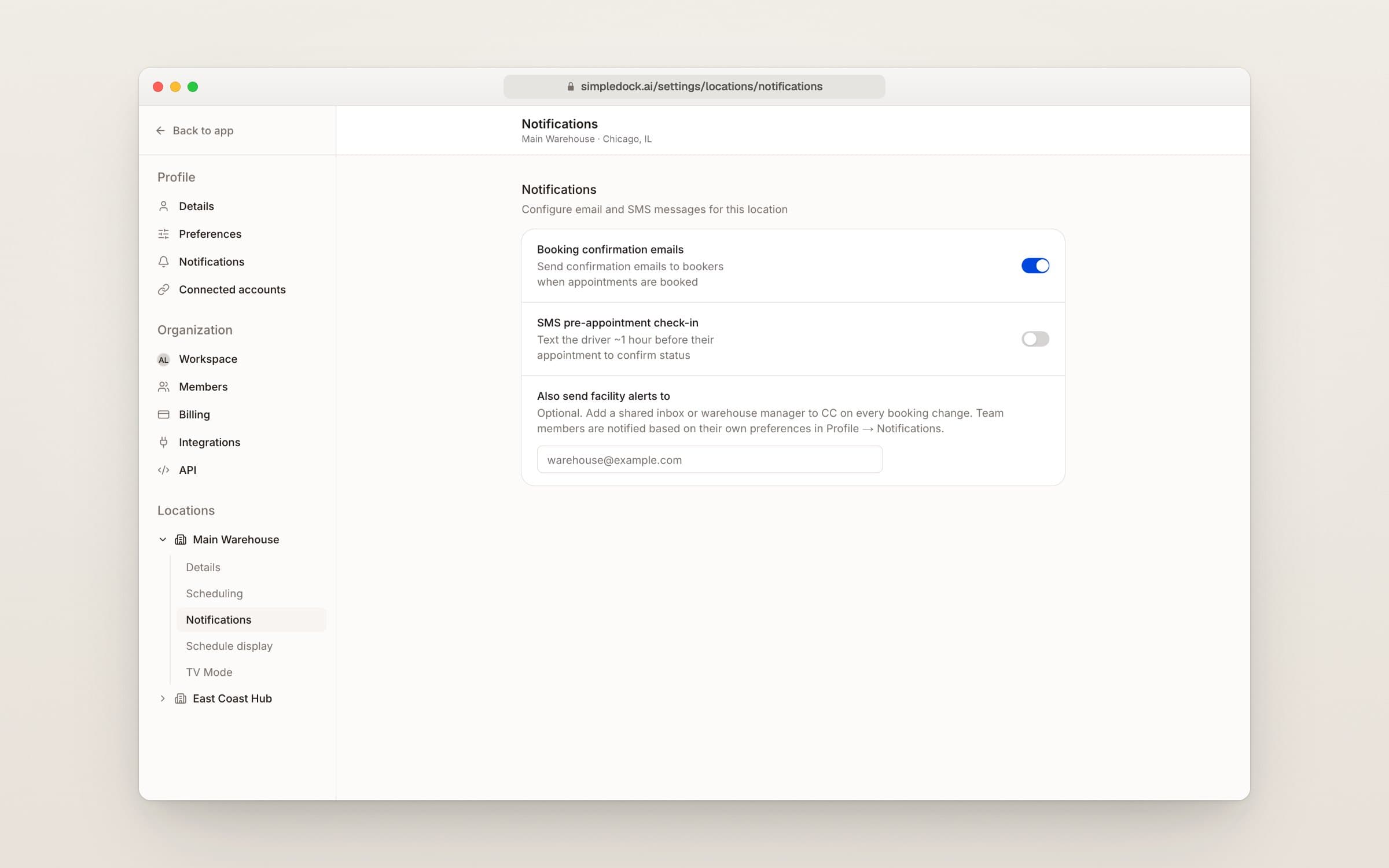 Location notifications settings with a field to also send facility alerts to a shared email address