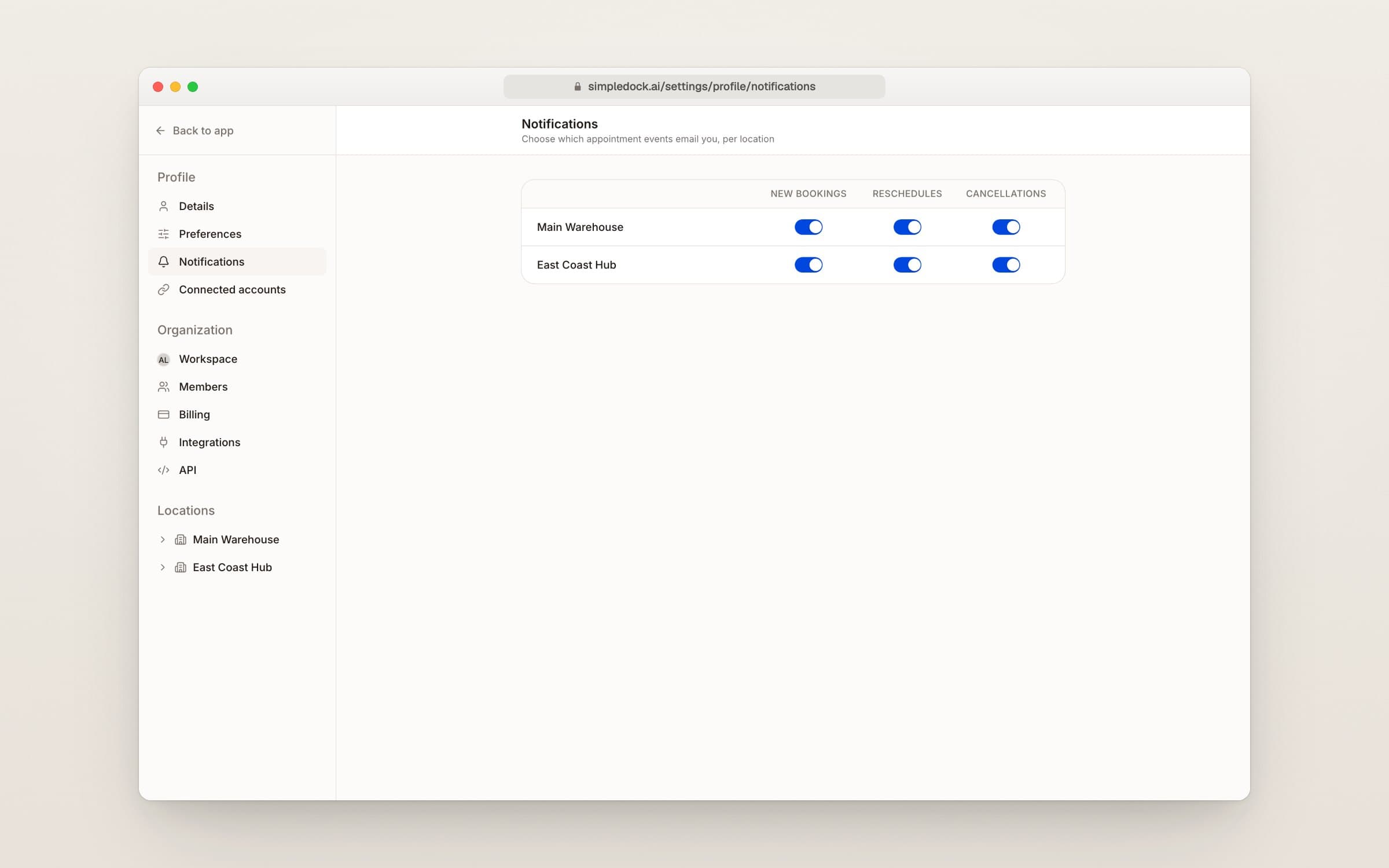 Notifications settings page with a row for each location and on/off switches for new bookings, reschedules, and cancellations