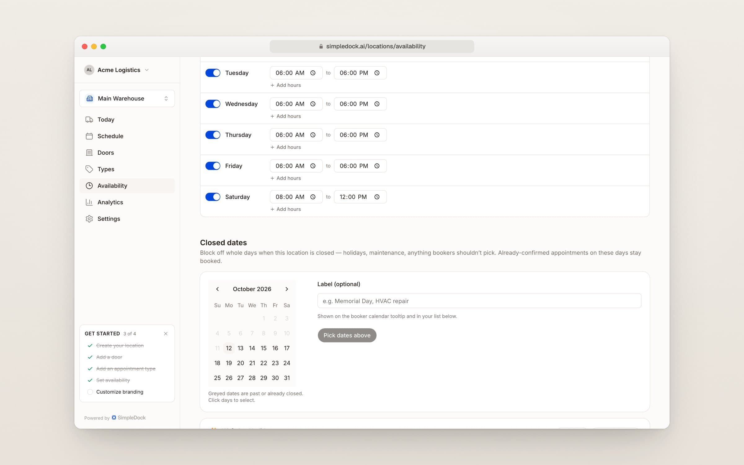The Availability page showing the Closed dates section with a calendar, a label box, a US federal holidays card, and a list of upcoming closed dates.