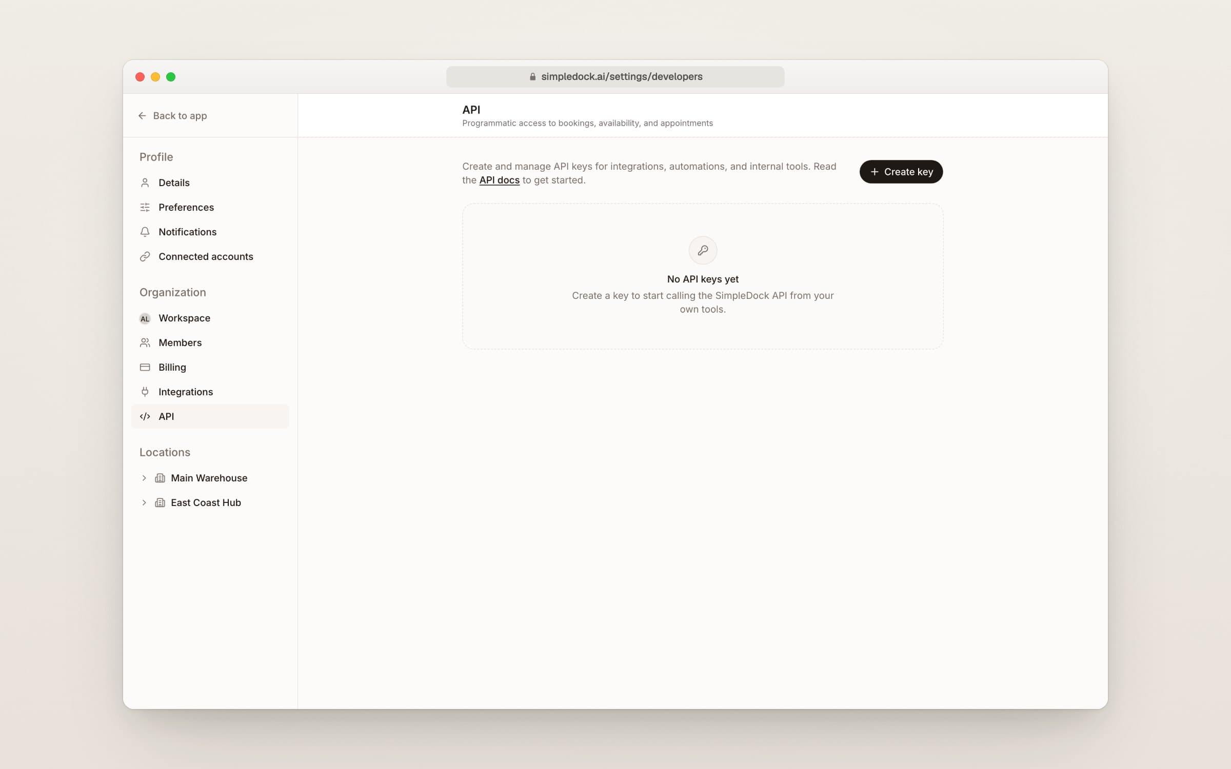 Settings page listing keys with their names, created dates, last used dates, and a Create key button
