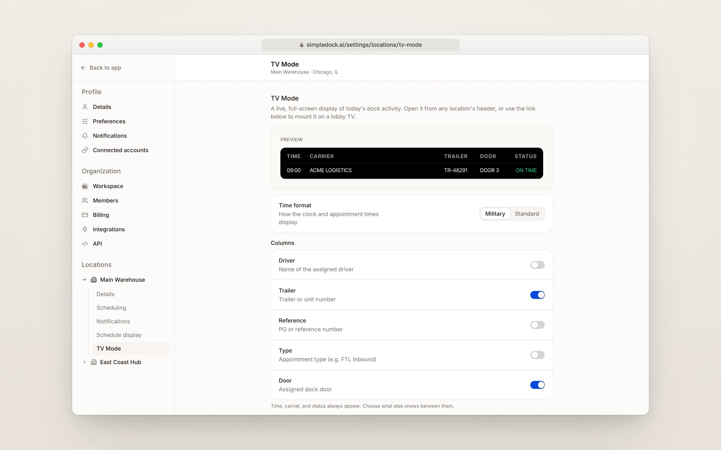 TV Mode settings for a location, with options for the board's columns and time format