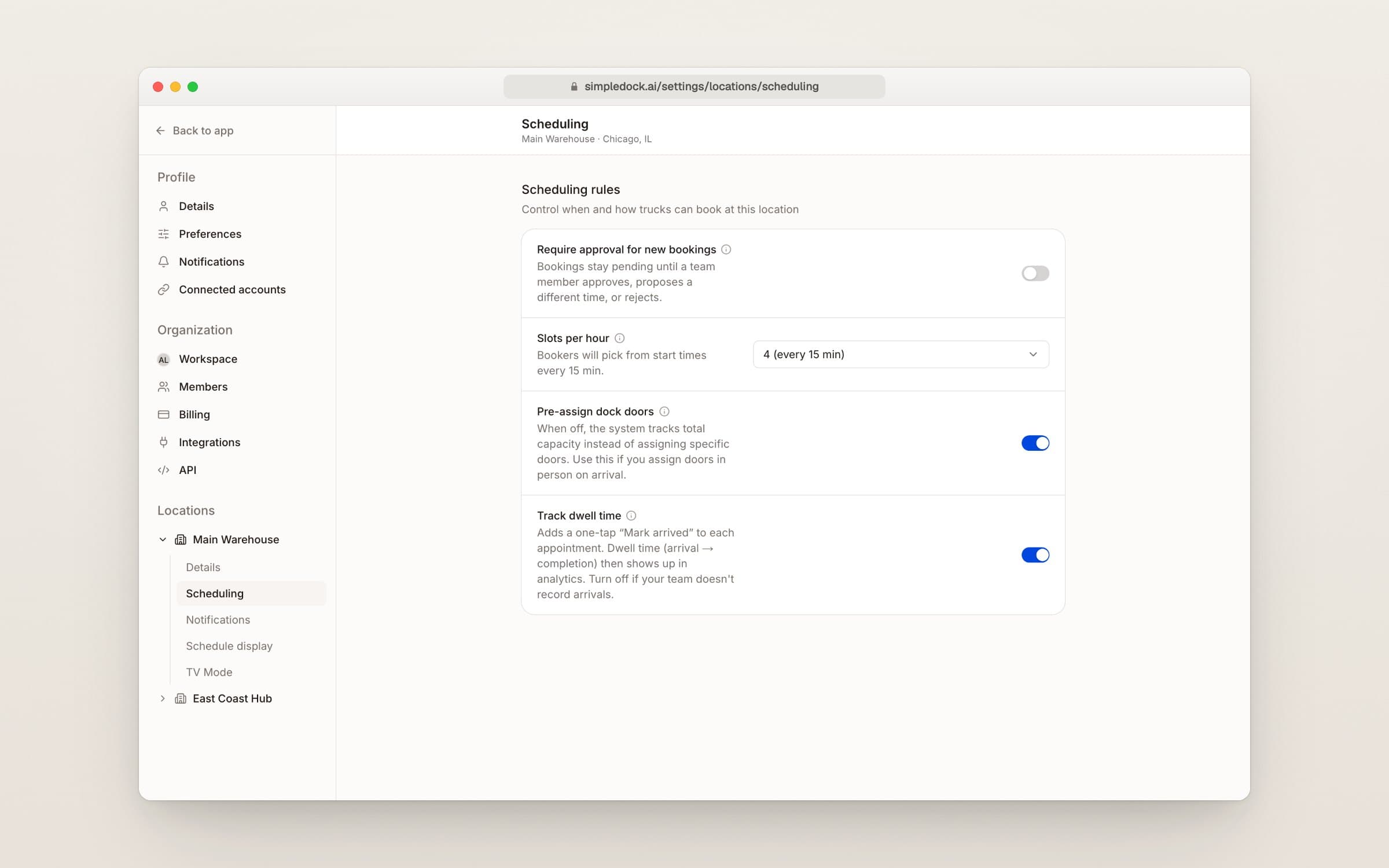 Scheduling settings with the Track dwell time switch